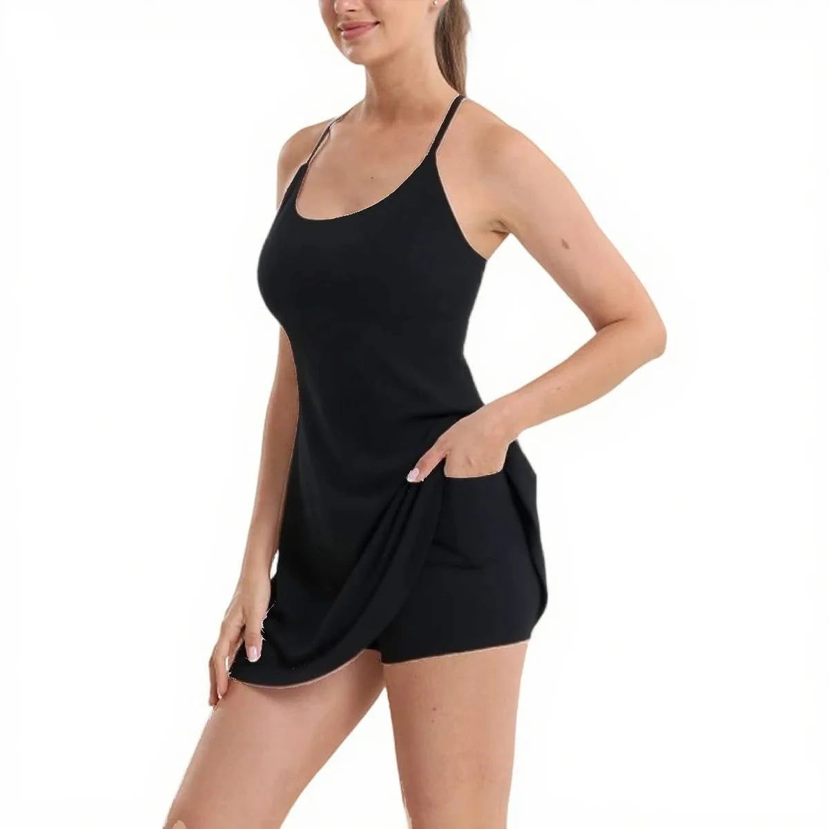 Summer Women'S anti Glare Fashionable Sports Dress Casual Solid Color Dress Lined Shorts with Detachable Chest Pad and Pocket