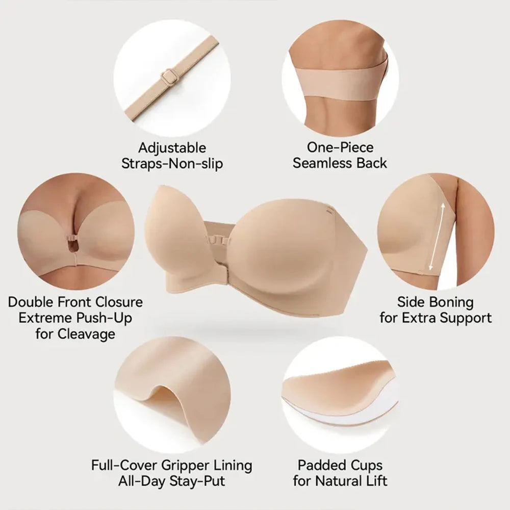 Strapless Front Closure Bra Padded Push up Lift Bra Non Slip Grip Wireless Supportive Seamless Tube Jelly Bra Add Cup Underwear