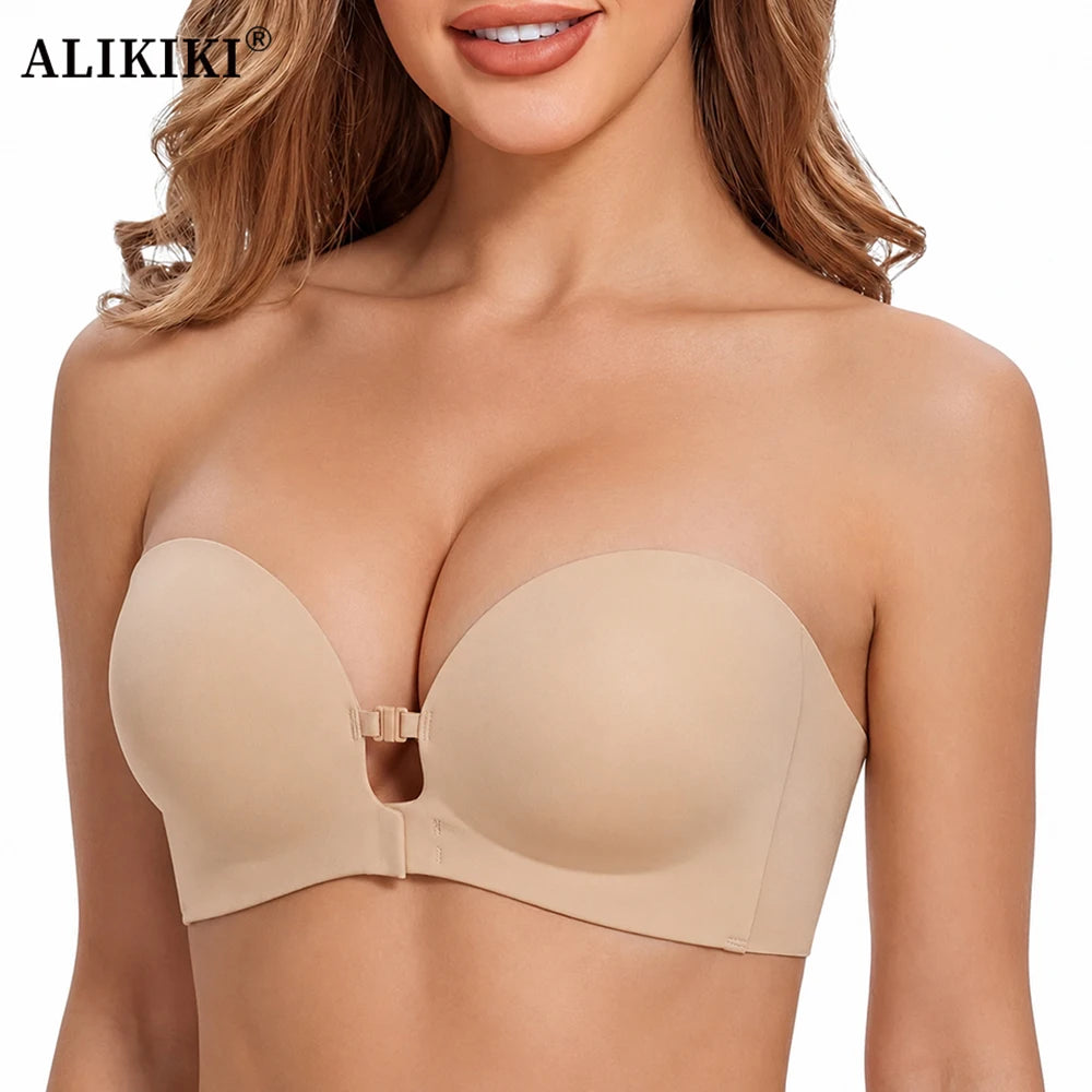 Strapless Front Closure Bra Padded Push up Lift Bra Non Slip Grip Wireless Supportive Seamless Tube Jelly Bra Add Cup Underwear