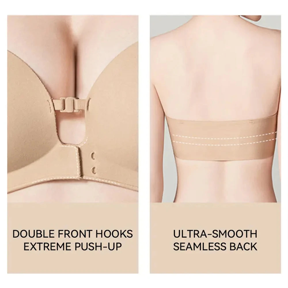 Strapless Front Closure Bra Padded Push up Lift Bra Non Slip Grip Wireless Supportive Seamless Tube Jelly Bra Add Cup Underwear