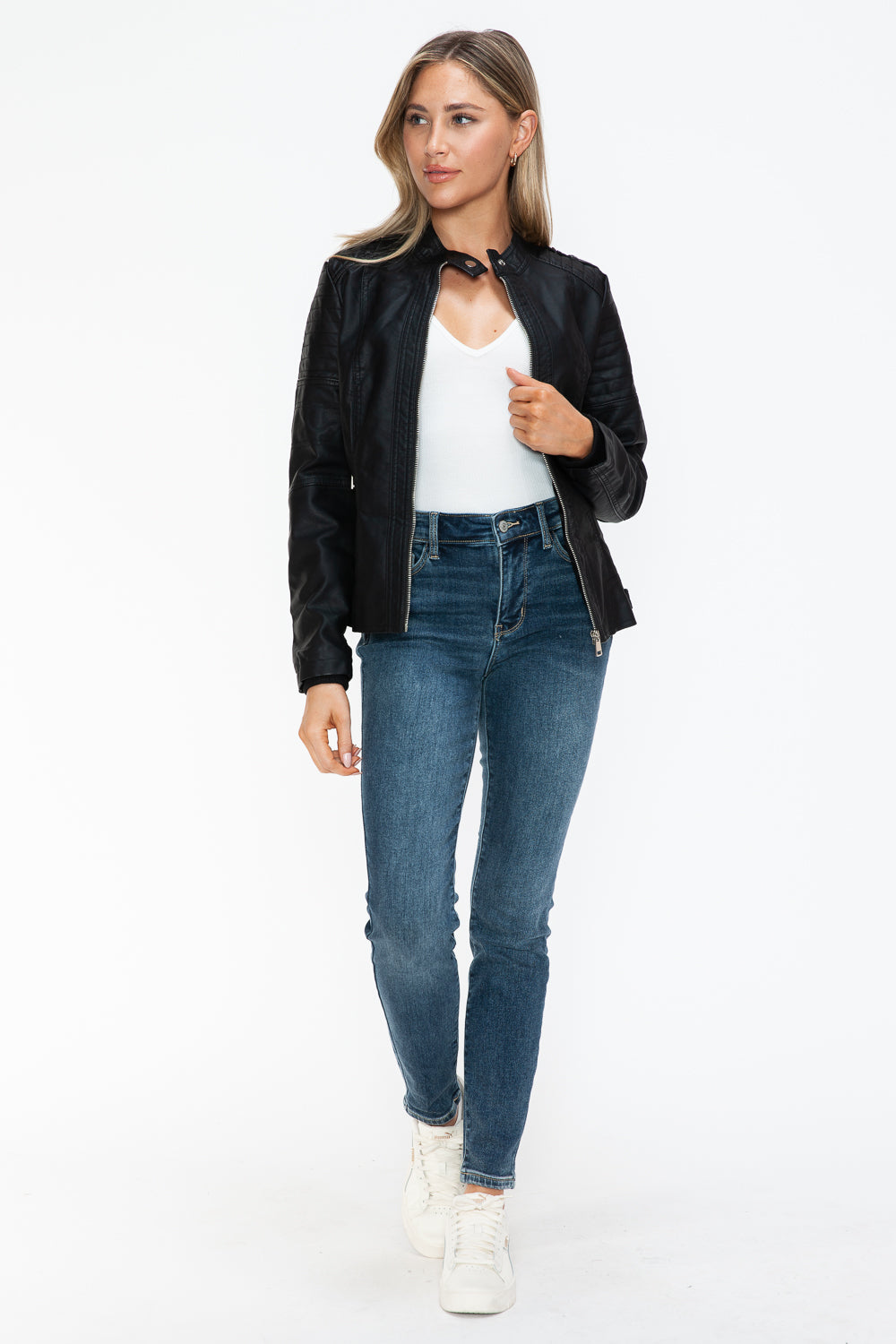 Snobbish PU Leather Biker Jacket with Side Zip Pockets