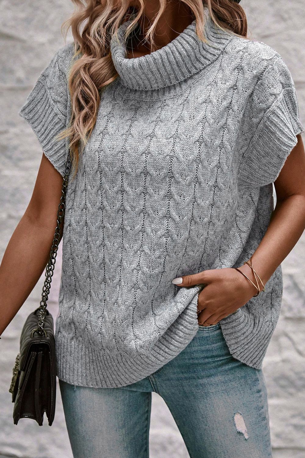 Cable Knit Turtleneck Short Sleeve Sweater