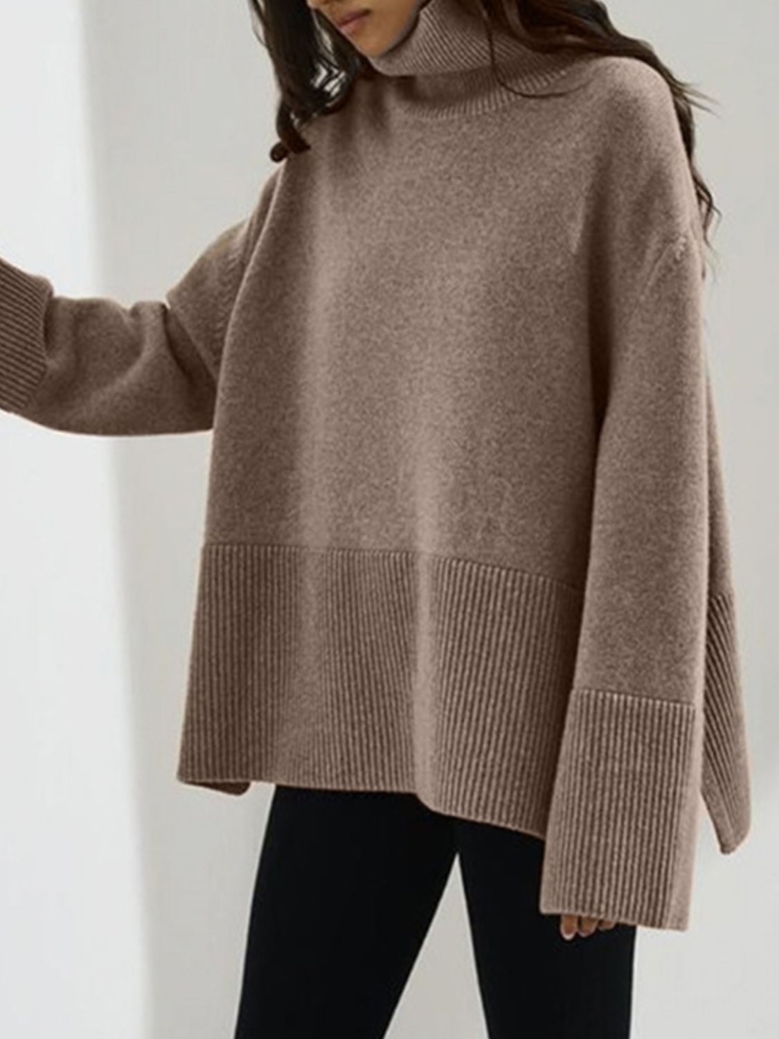 Side Slit Turtleneck Drop Shoulder Sweater