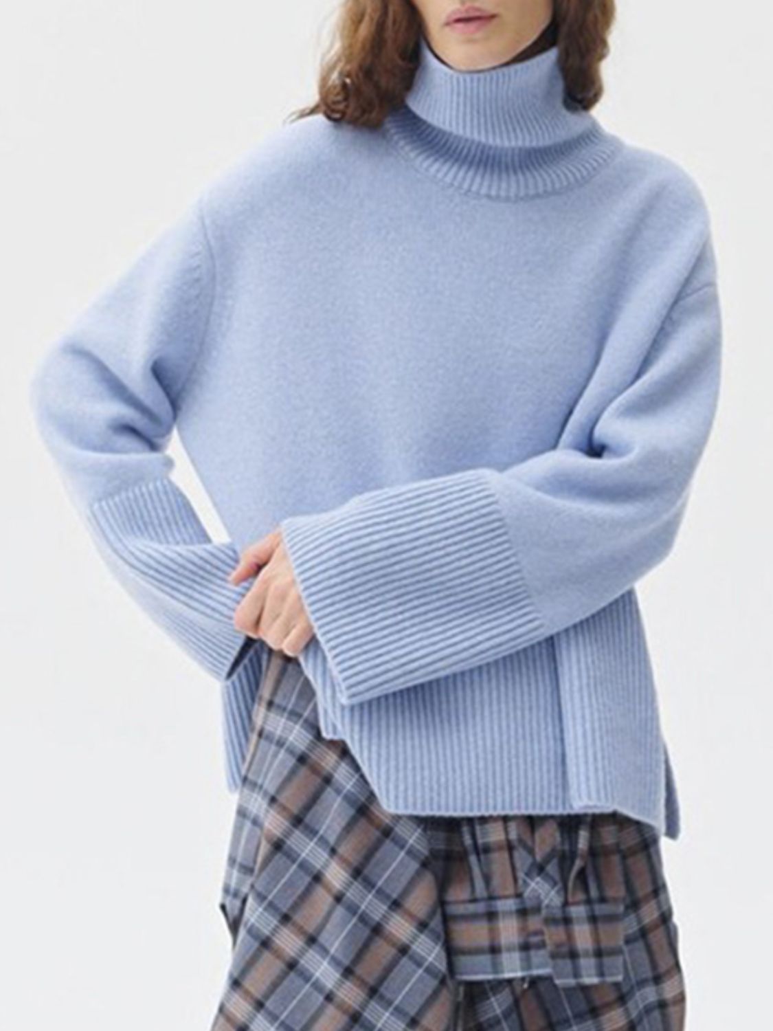 Side Slit Turtleneck Drop Shoulder Sweater