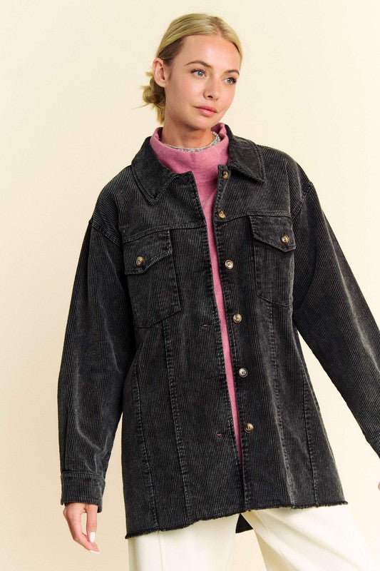 Davi & Dani Washed Corduroy Raw Hem Button Up Jacket