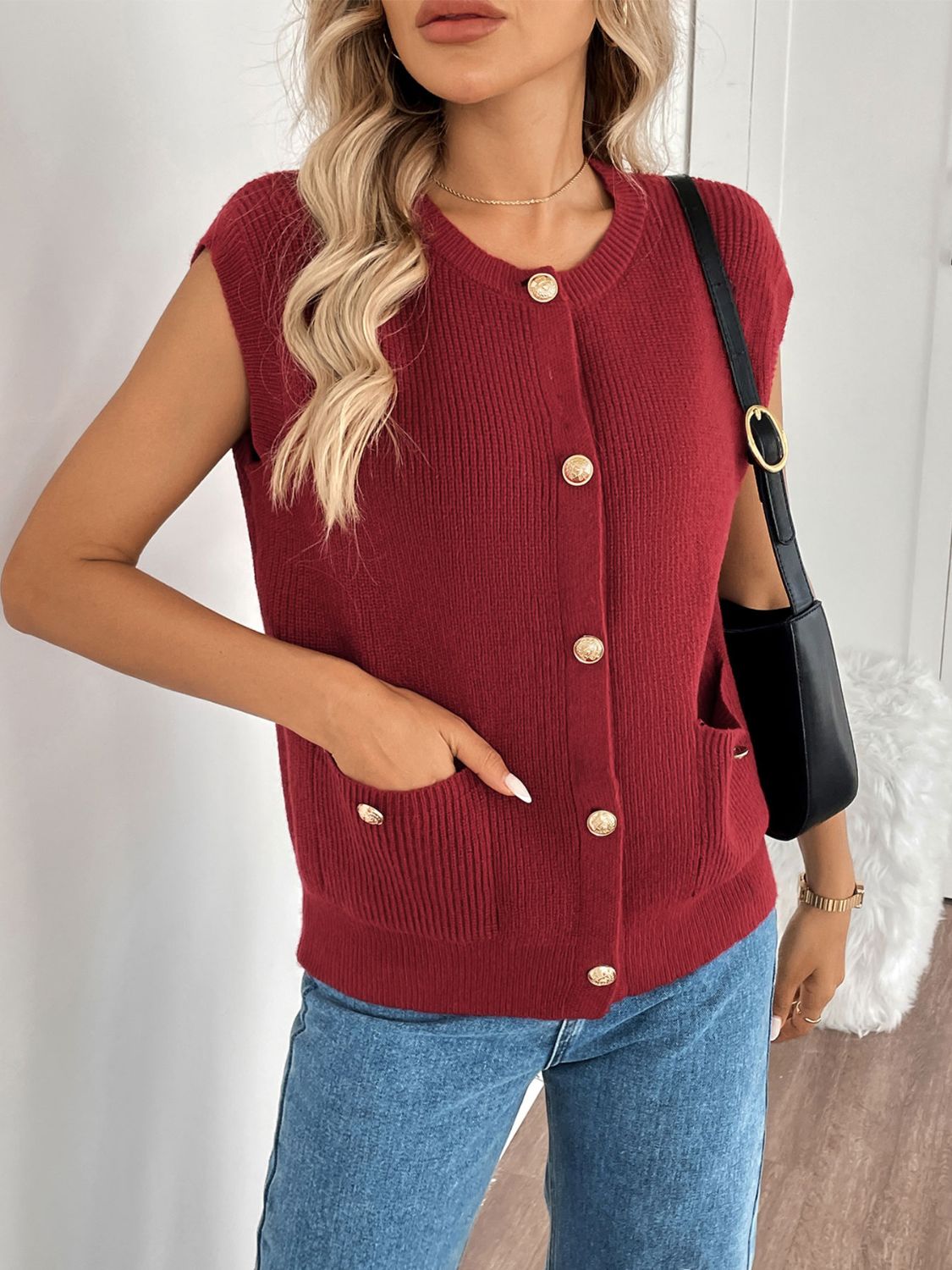 Perfee Pocketed Round Neck Cap Sleeve Cardigan