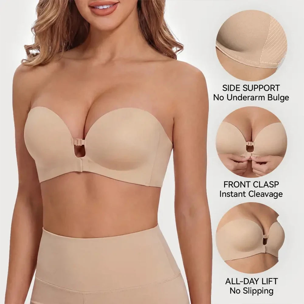 Strapless Front Closure Bra Padded Push up Lift Bra Non Slip Grip Wireless Supportive Seamless Tube Jelly Bra Add Cup Underwear