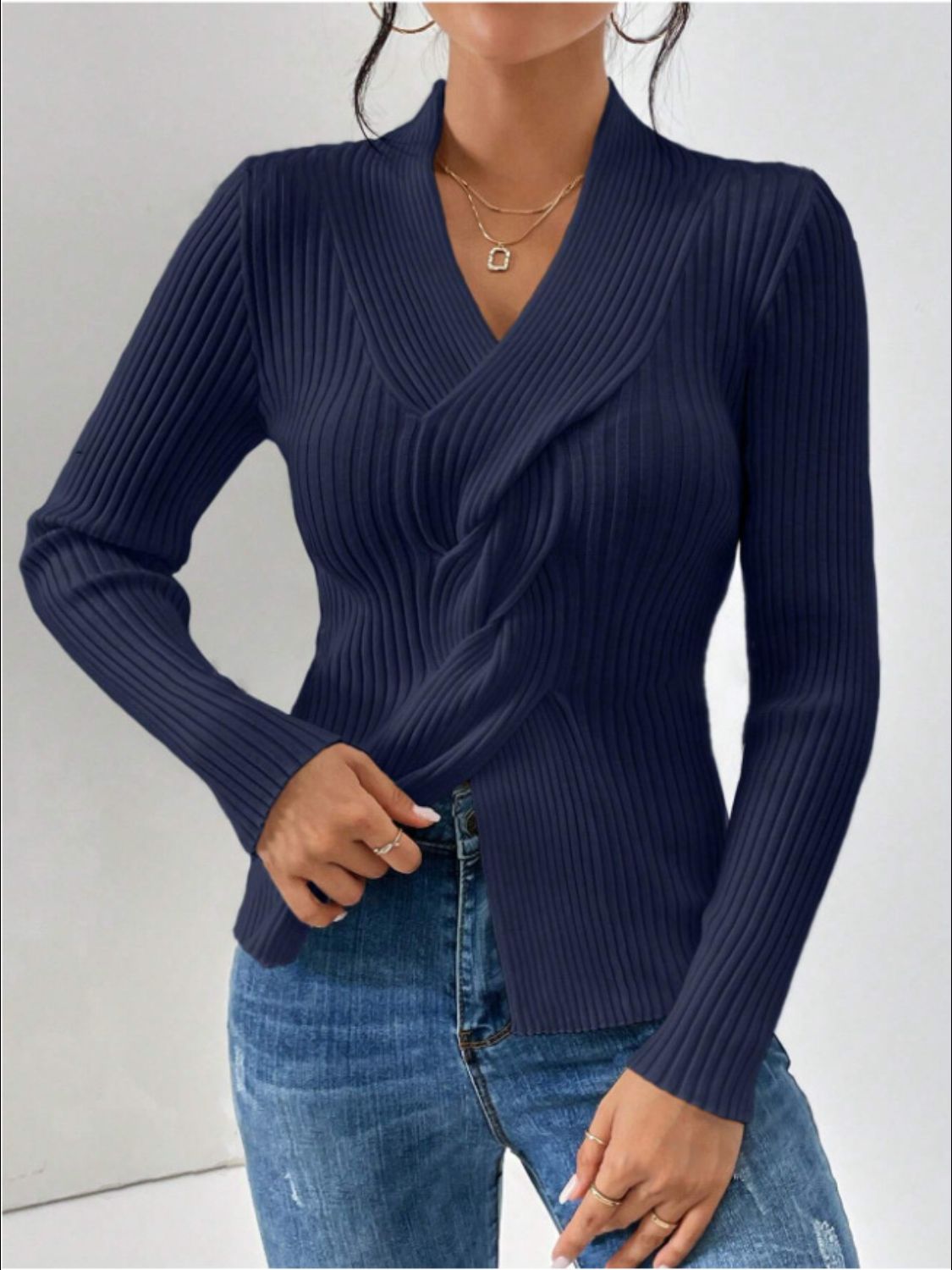 Twist Front Ribbed Long Sleeve Sweater